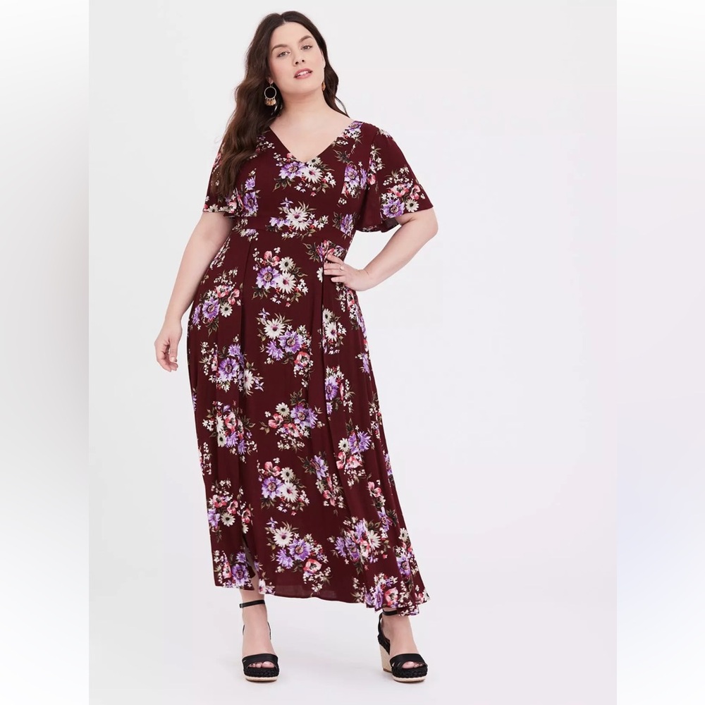 Floral V-Neck Maxi Dress - Burgundy